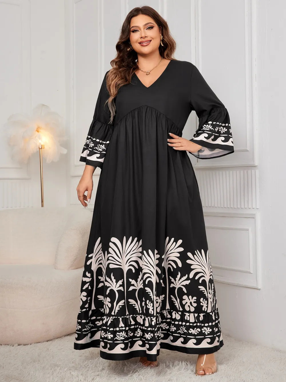 Honey Plus Size Printed V-Neck Long Sleeve Maxi Dress - LoveNest Treasures