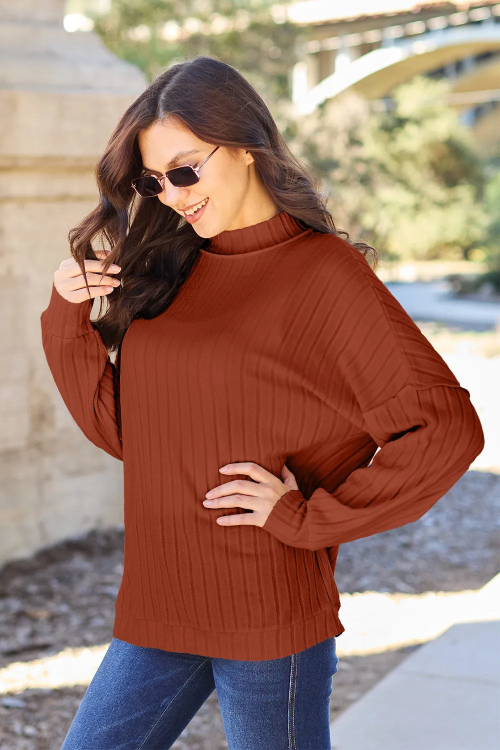 Basic Bae Full Size Ribbed Exposed Seam Mock Neck Knit Top - LoveNest Treasures