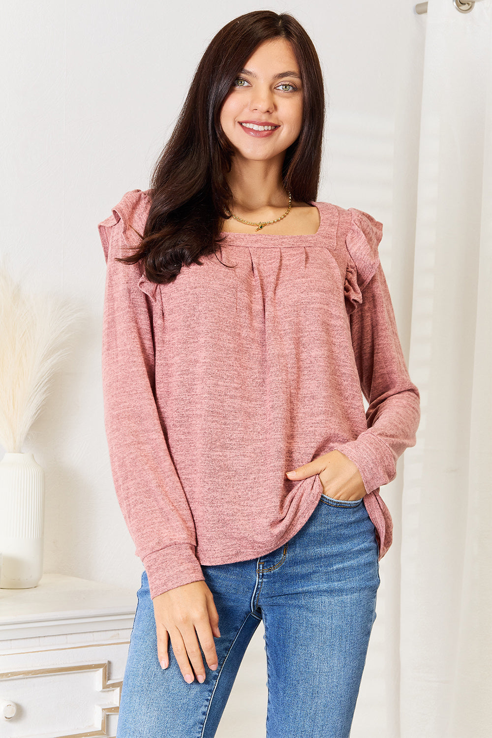 Double Take Square Neck Ruffle Shoulder Long Sleeve T-Shirt - LoveNest Treasures
