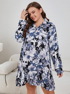 Plus Size Floral Lapel Collar Long Sleeve Night Dress - LoveNest Treasures