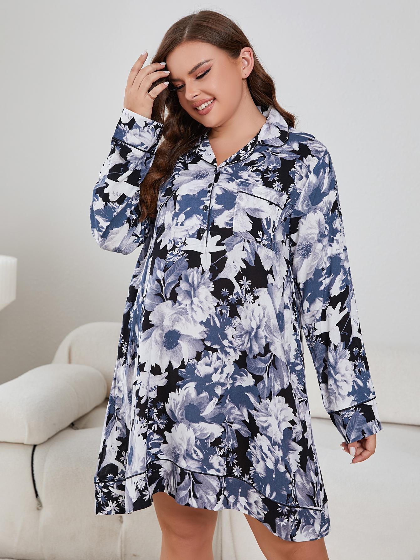 Plus Size Floral Lapel Collar Long Sleeve Night Dress - LoveNest Treasures