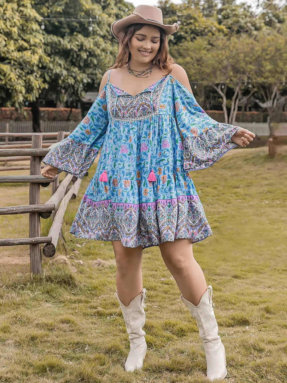 Plus Size Printed Long Sleeve Mini Dress - LoveNest Treasures