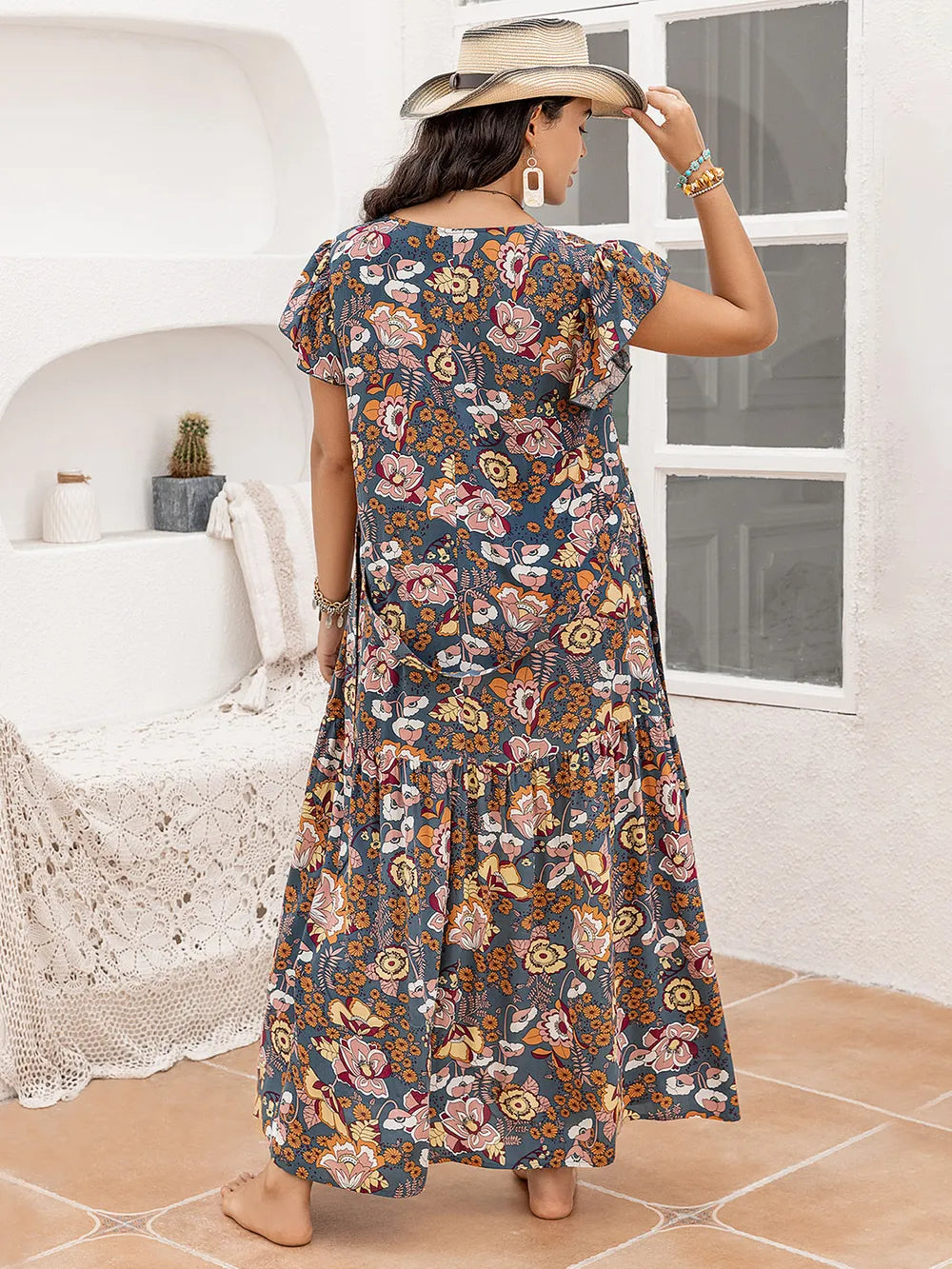 Plus Size Ruffled Printed Cap Sleeve Dress - LoveNest Treasures