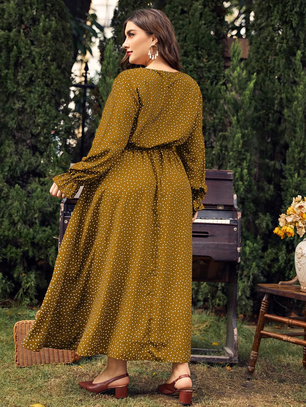 Honey Plus Size Ruffled Polka Dot Long Sleeve Midi Dress - LoveNest Treasures