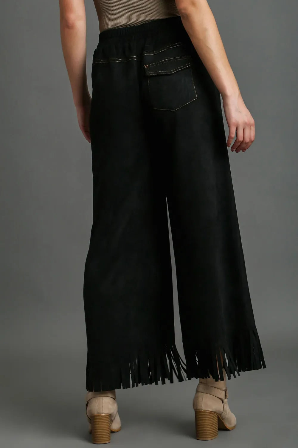Umgee Full Size Suede Fringe Hem Wide Leg Pants Plus Size - LoveNest Treasures