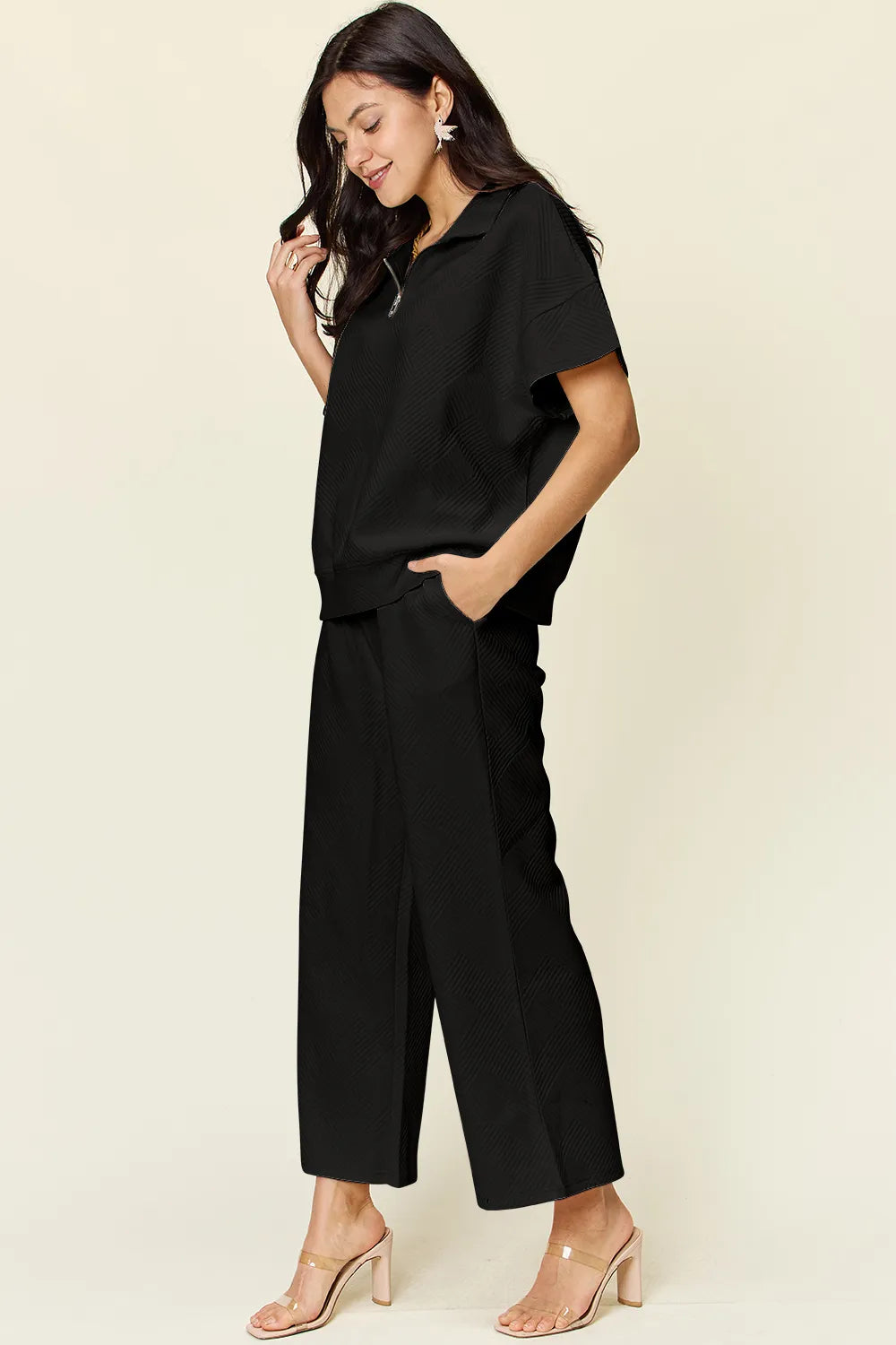 Double Take Full Size Texture Half Zip Short Sleeve Top and Pants Set - LoveNest Treasures