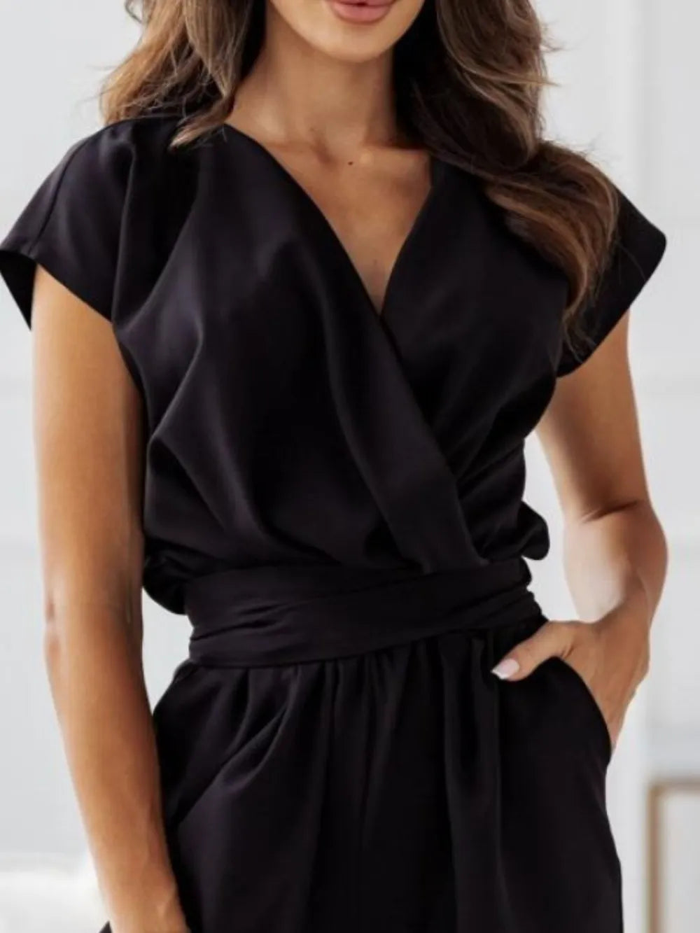 Surplice Cap Sleeve Tie Waist Jumpsuit - LoveNest Treasures