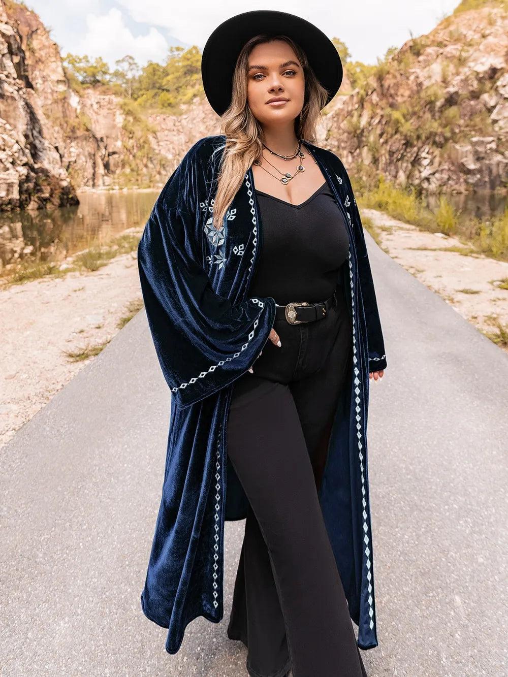 Plus Size Embroidery Open Front Long Sleeve Cardigan - LoveNest Treasures