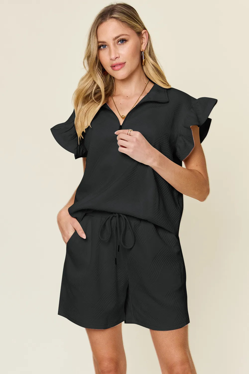 Double Take Full Size Texture Flounce Sleeve Top and Drawstring Shorts Set - LoveNest Treasures