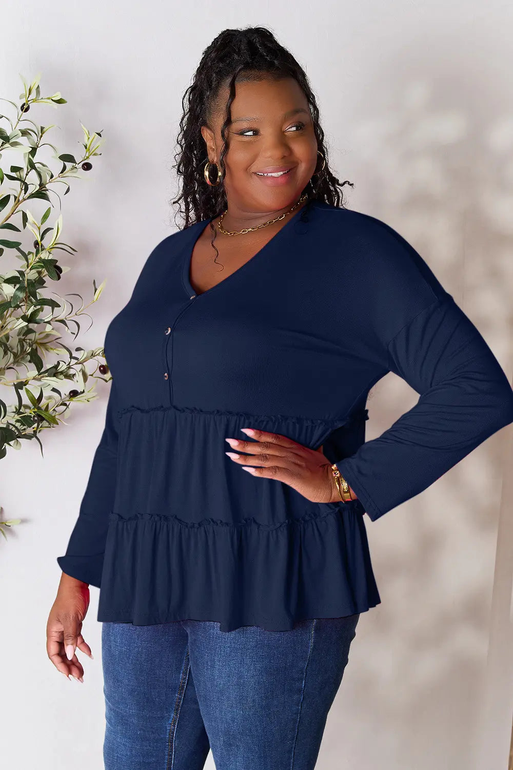 Double Take Half Button Long Sleeve Ruffle Hem Blouse - LoveNest Treasures