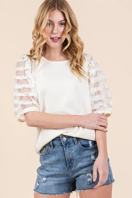 Lime 'N' Chili Full Size Lace Puff Sleeve Round Neck Top Plus Size - LoveNest Treasures