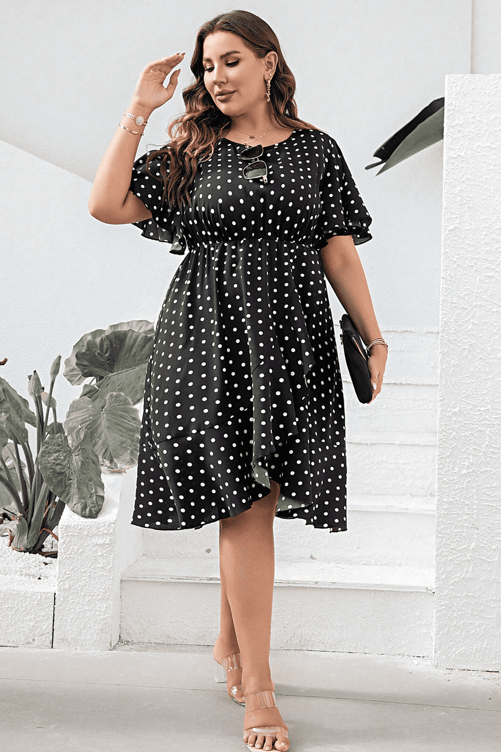 Plus Size Polka Dot Flutter Sleeve Dress - LoveNest Treasures