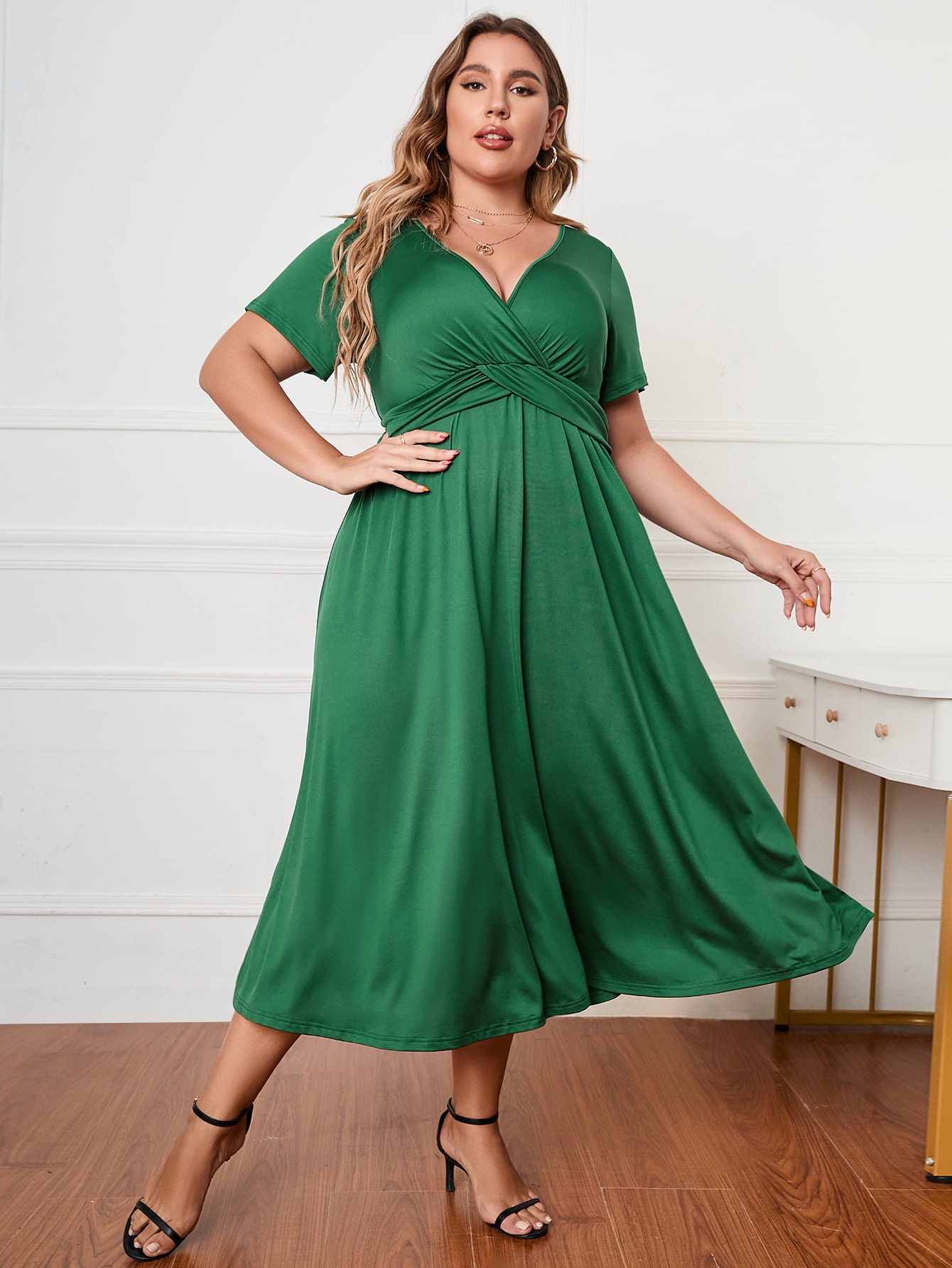 Honey Plus Size Short Sleeve Surplice Neck Midi Dress - LoveNest Treasures
