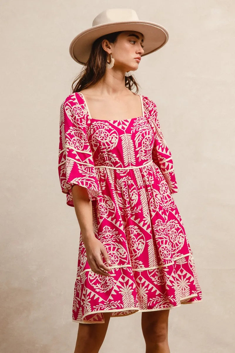 BiBi Aztec Woven Printed Contrast Binding Dress - LoveNest Treasures