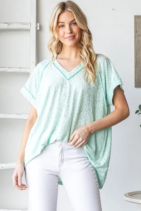 Heimish Full Size Exposed Seam V-Neck Short Sleeve Leopard Top Plus Size - LoveNest Treasures