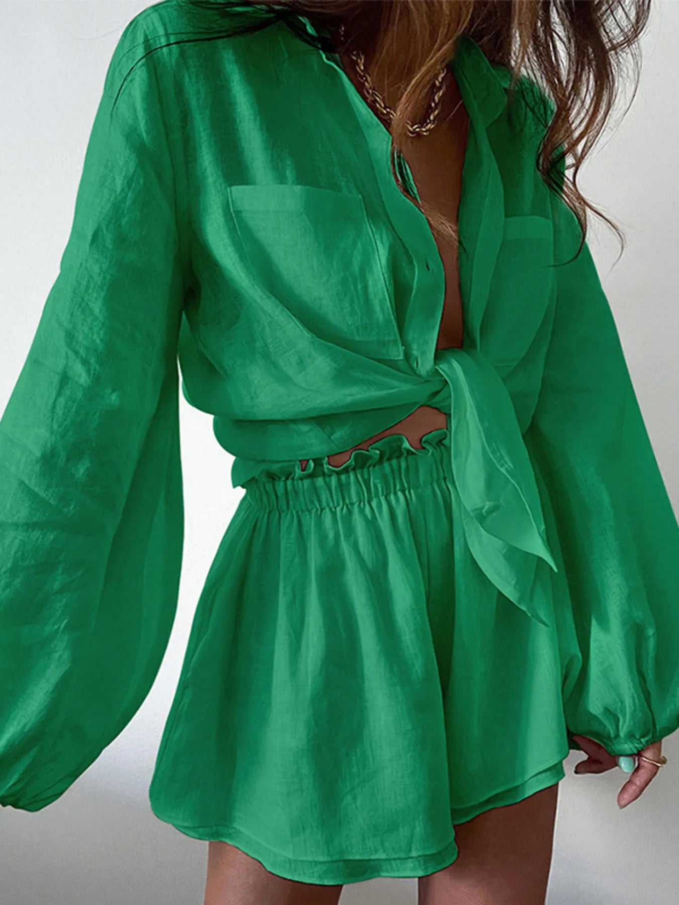 Full Size Button Up Balloon Sleeve Top and Shorts Set Plus Size - LoveNest Treasures
