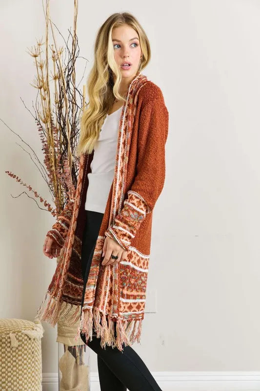 ADORA Full Size Fringe Hem Aztec Border Cardigan Plus Size - LoveNest Treasures
