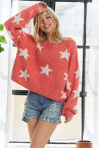 ADORA Full Size Star Contrast Round Neck Sweater Plus Size - LoveNest Treasures