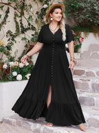 Plus Size Ruffled Hem Button Down V-Neck Short Sleeve Maxi Dress - LoveNest Treasures