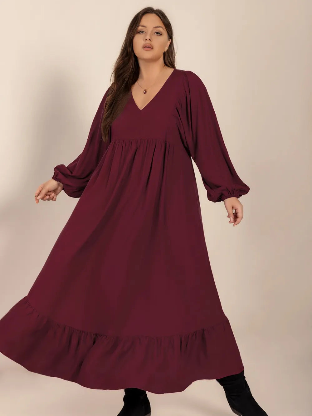 Plus Size Ruffled Hem V-Neck Balloon Sleeve Dress - LoveNest Treasures
