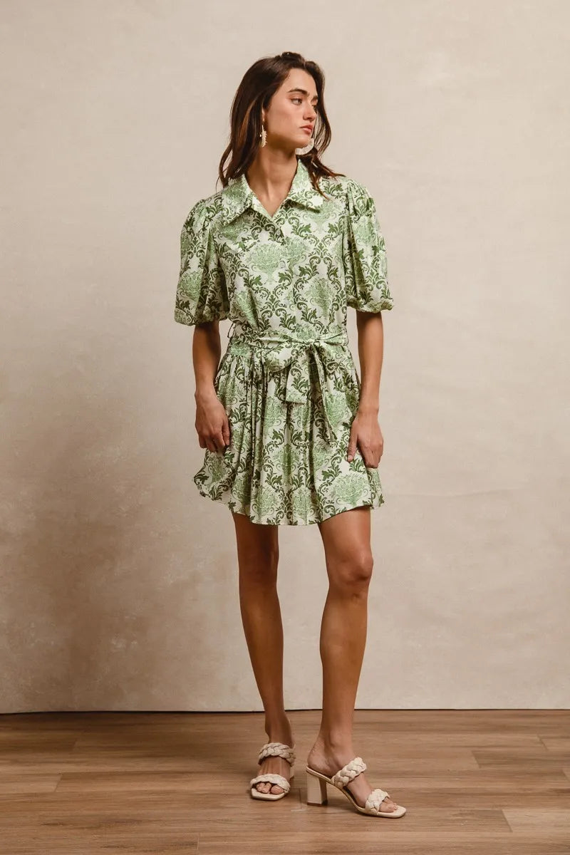 BiBi Tied Floral Short Sleeve Mini Shirt Dress - LoveNest Treasures