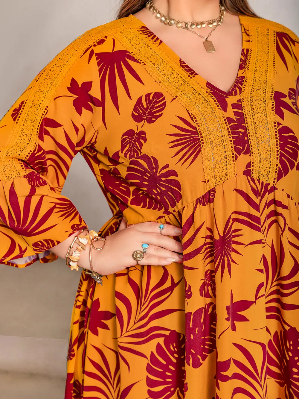 Plus Size Lace Detail Printed V-Neck Maxi Dress - LoveNest Treasures