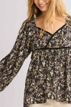 Umgee Full Size Floral Print Velvet Trimmed Balloon Sleeve Top Plus Size - LoveNest Treasures