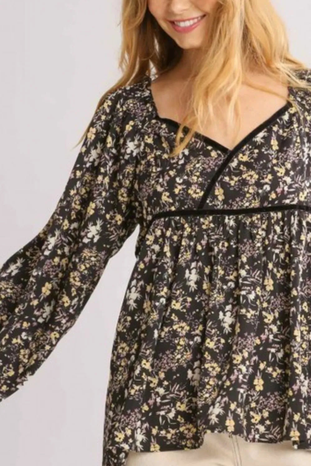 Umgee Full Size Floral Print Velvet Trimmed Balloon Sleeve Top Plus Size - LoveNest Treasures