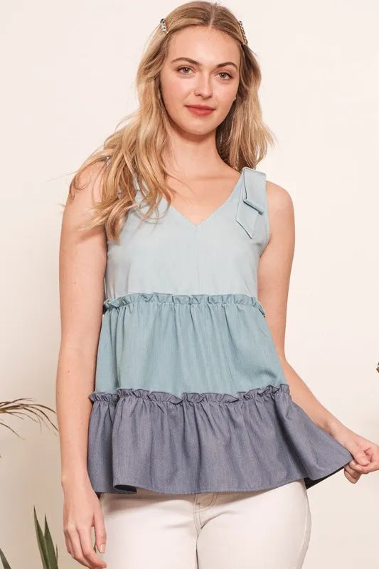 Lime 'N' Chili Full Size Color Block V-Neck Baby Doll Sleeveless Top Plus Size - LoveNest Treasures