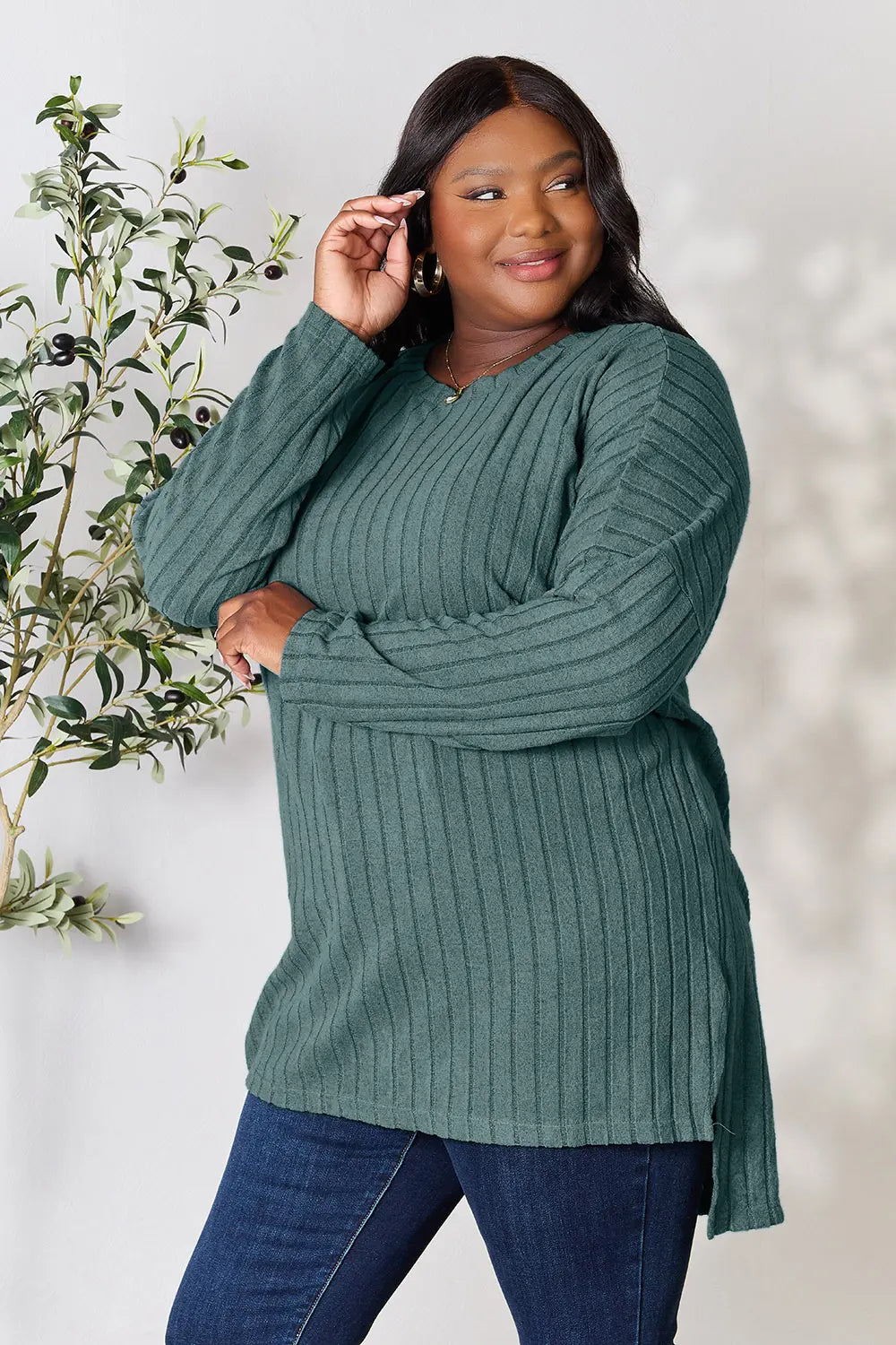 Basic Bae Full Size Ribbed Round Neck Long Sleeve Slit Top - LoveNest Treasures