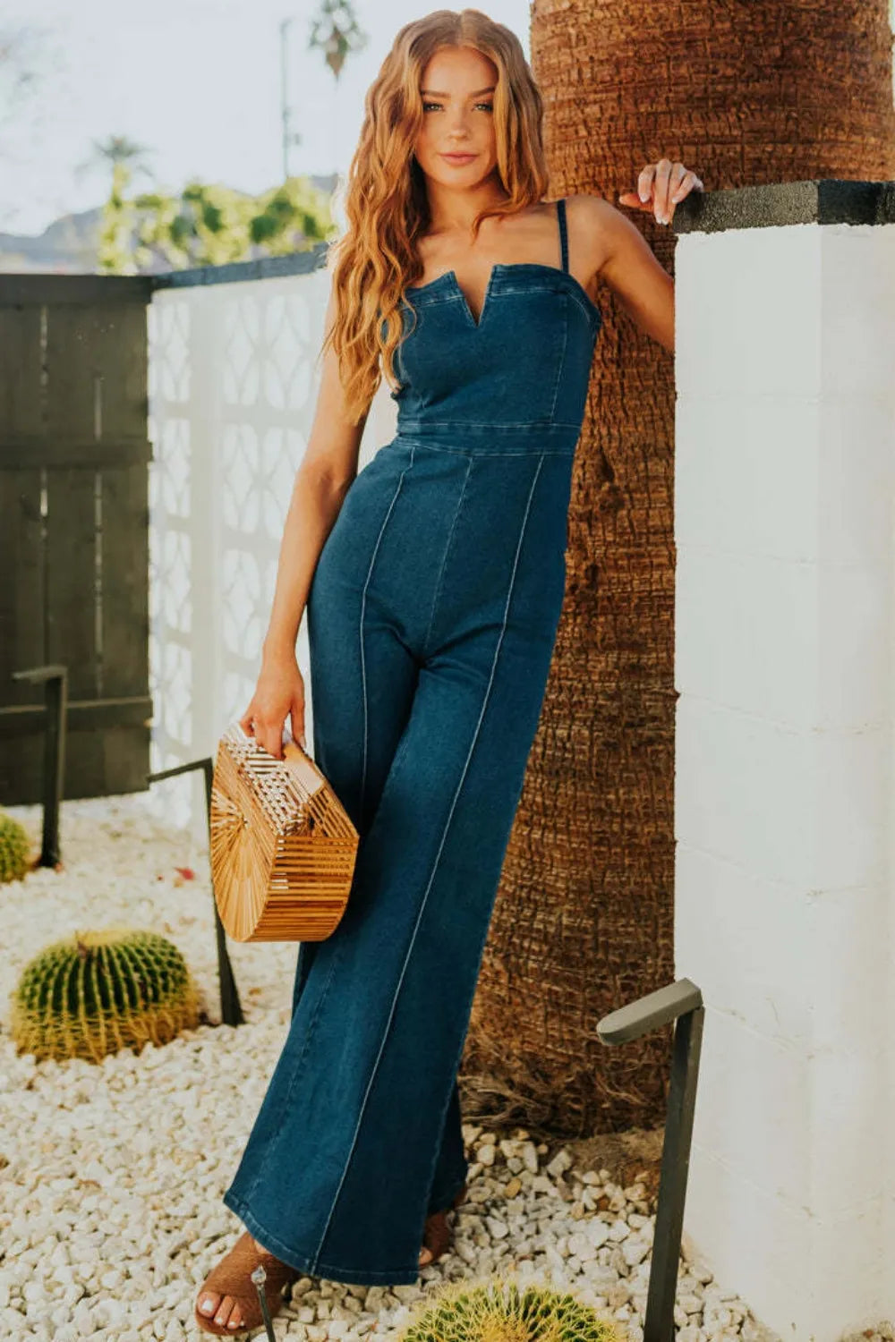 Spaghetti Strap Wide Leg Denim Jumpsuit - LoveNest Treasures