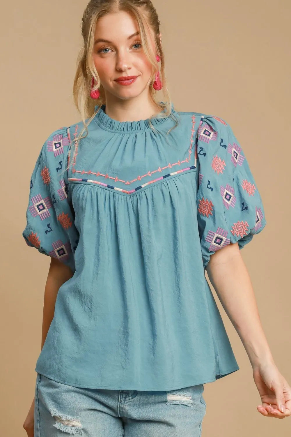 Umgee Full Size Embroidered Puff Sleeve Mock Neck Top Plus Size - LoveNest Treasures