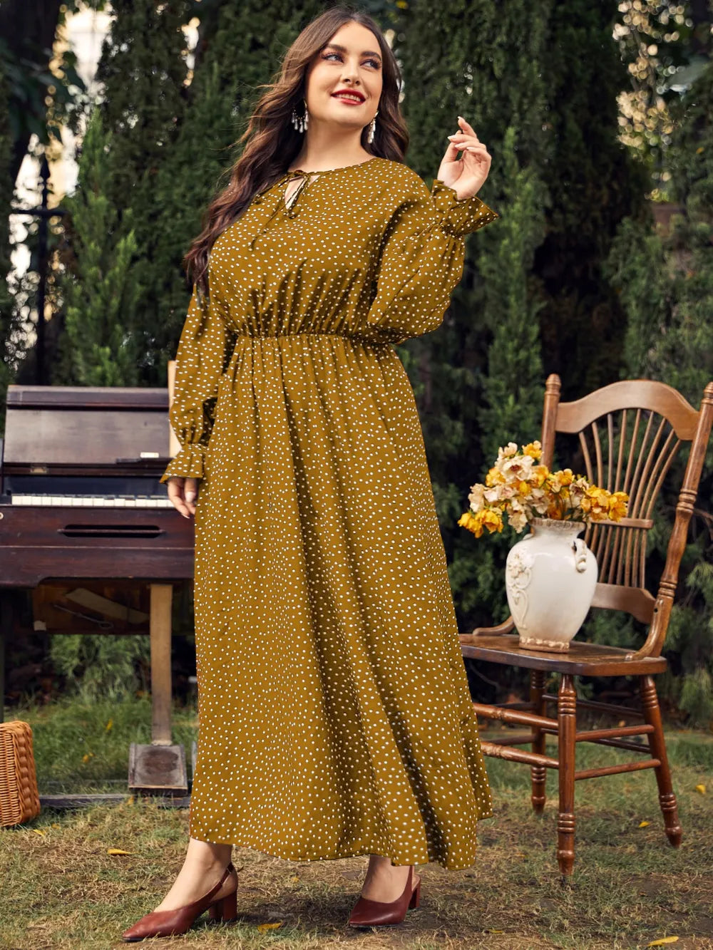 Honey Plus Size Ruffled Polka Dot Long Sleeve Midi Dress - LoveNest Treasures