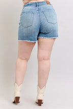 Judy Blue Full Size High Waist Western Embroidery Detail Cut Off Denim Shorts Plus Size - LoveNest Treasures