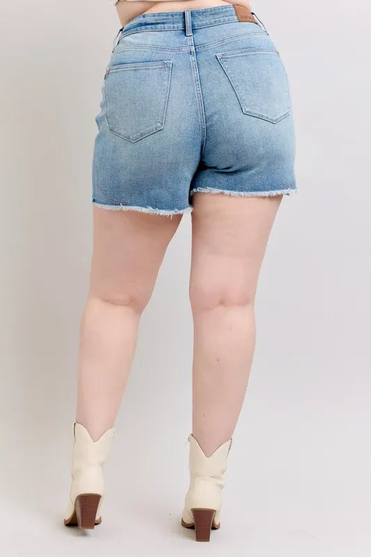 Judy Blue Full Size High Waist Western Embroidery Detail Cut Off Denim Shorts Plus Size - LoveNest Treasures