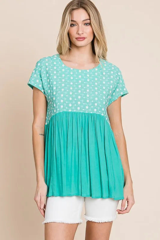 Lime 'N' Chili Full Size Embroidered Short Sleeve Pleated Babydoll Top Plus Size - LoveNest Treasures