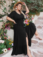 Plus Size Ruffled Hem Button Down V-Neck Short Sleeve Maxi Dress - LoveNest Treasures