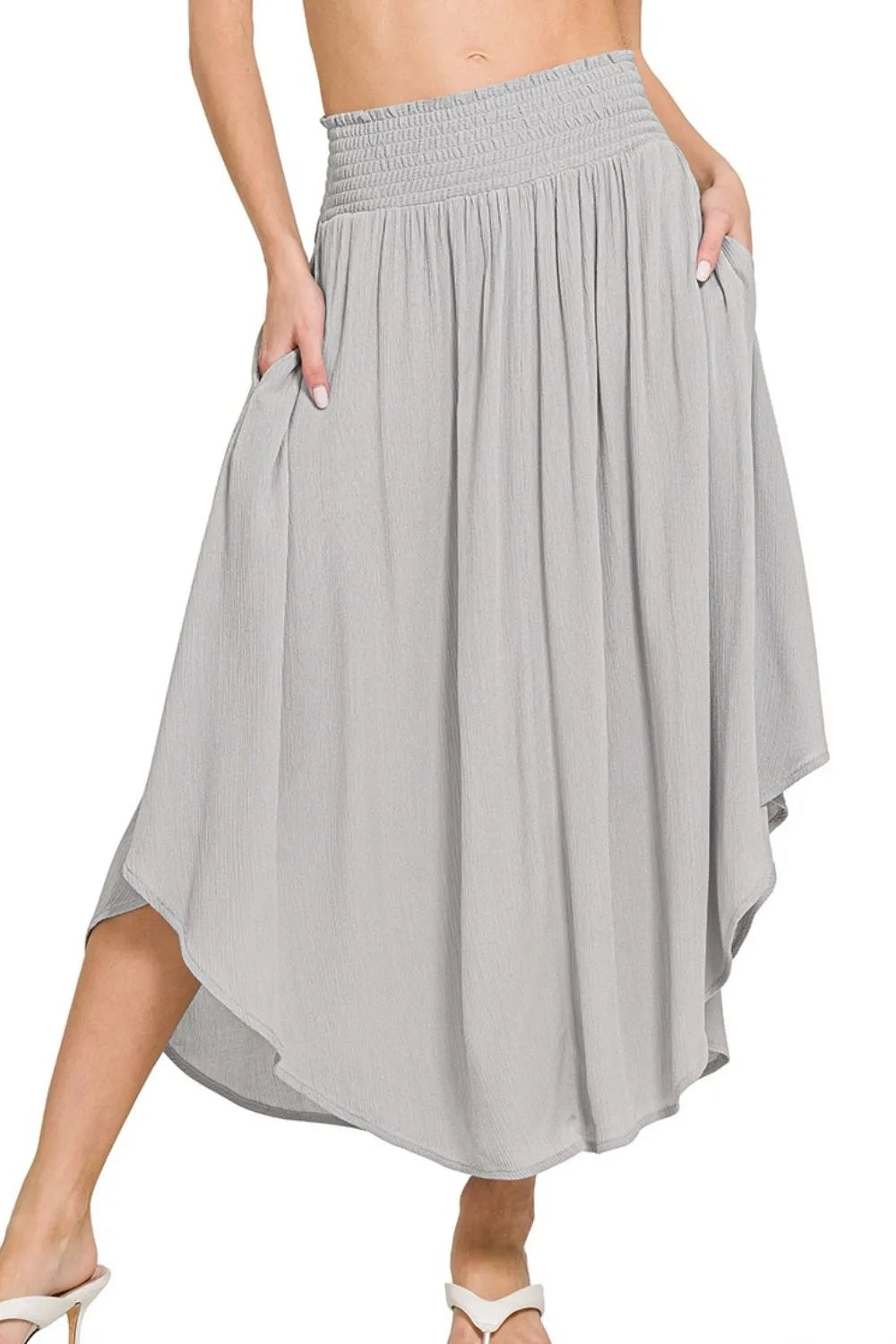 Zenana Woven Crinkle Smocked Waist Maxi Skirt W Pockets - LoveNest Treasures