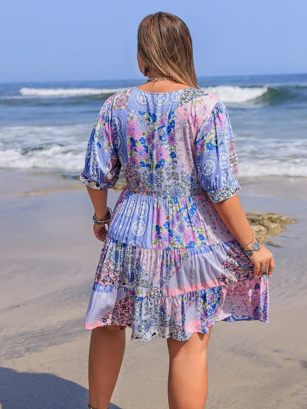 Plus Size Printed V-Neck Tiered Mini Dress - LoveNest Treasures