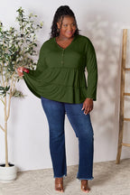 Double Take Half Button Long Sleeve Ruffle Hem Blouse - LoveNest Treasures