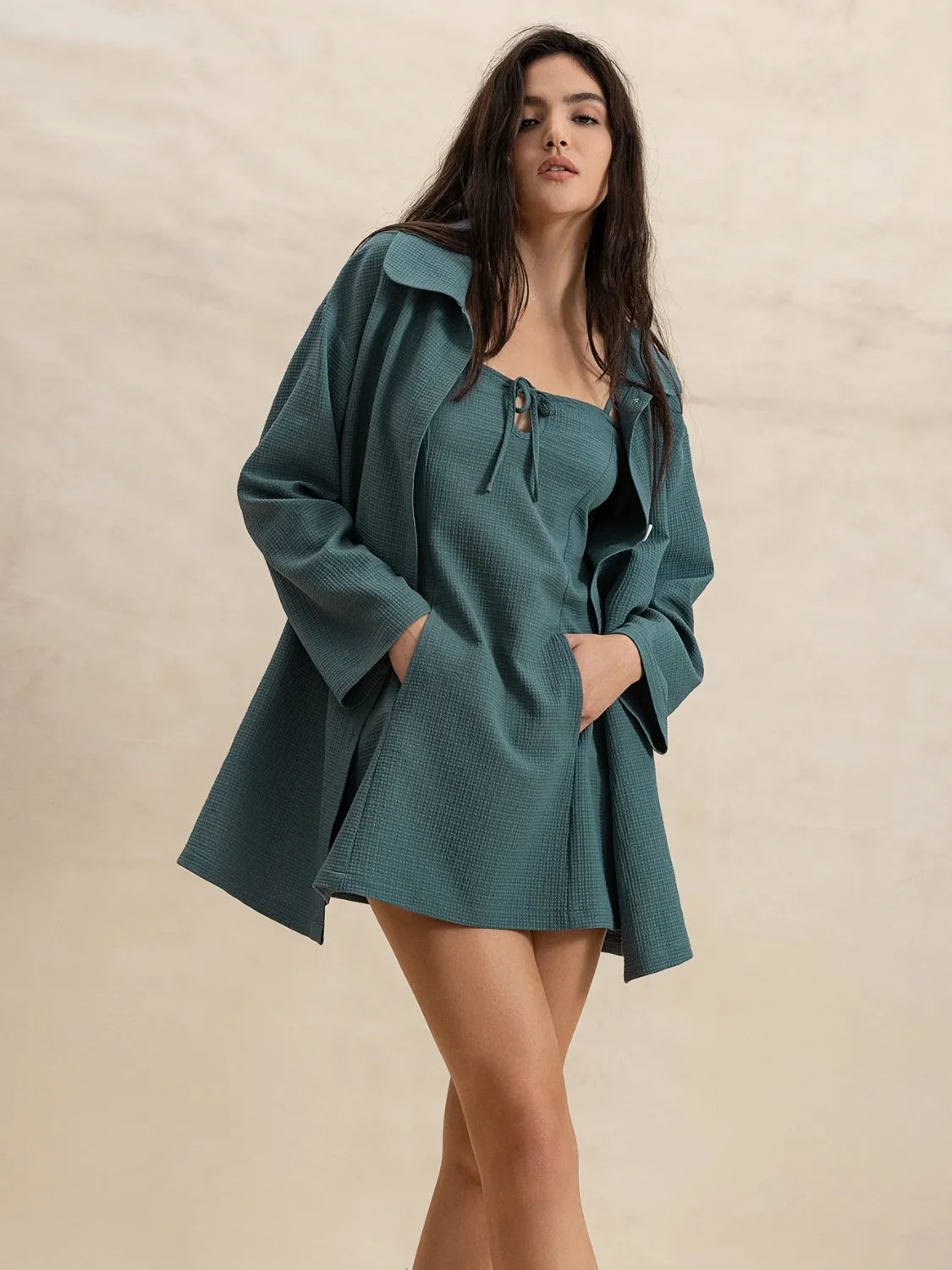 Tie Shoulder Mini Dress and Long Sleeve Top Set - LoveNest Treasures