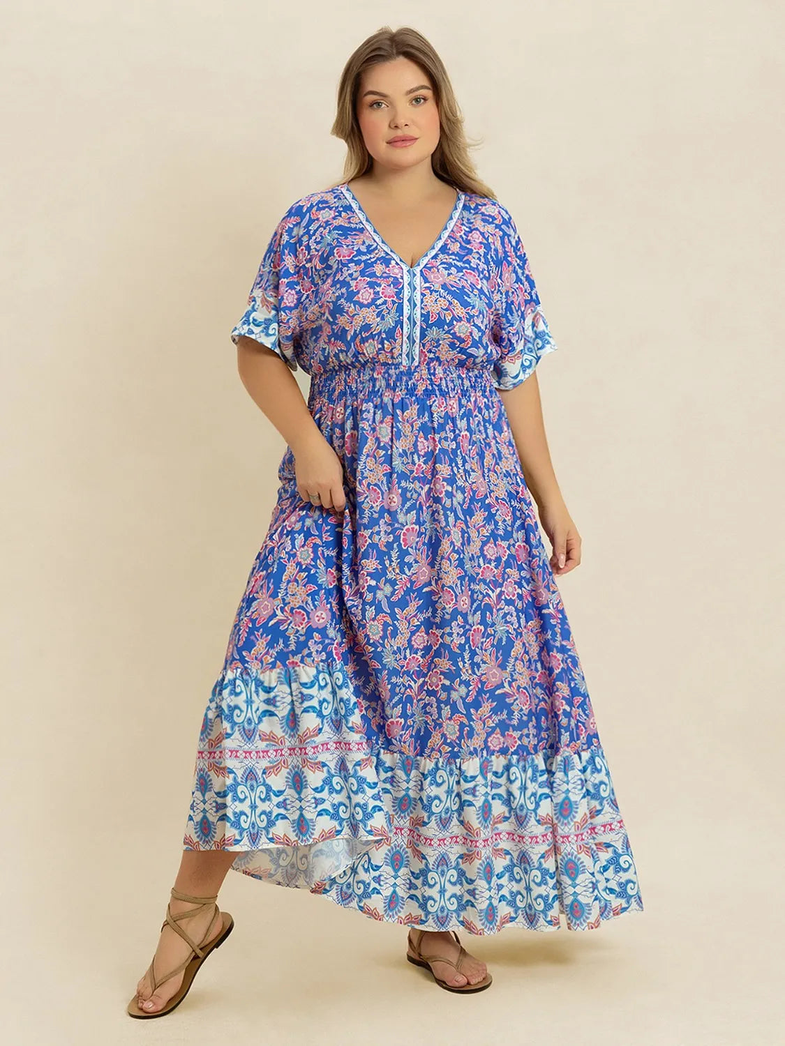 Plus Size Smocked Printed Half Sleeve Midi Dress - LoveNest Treasures