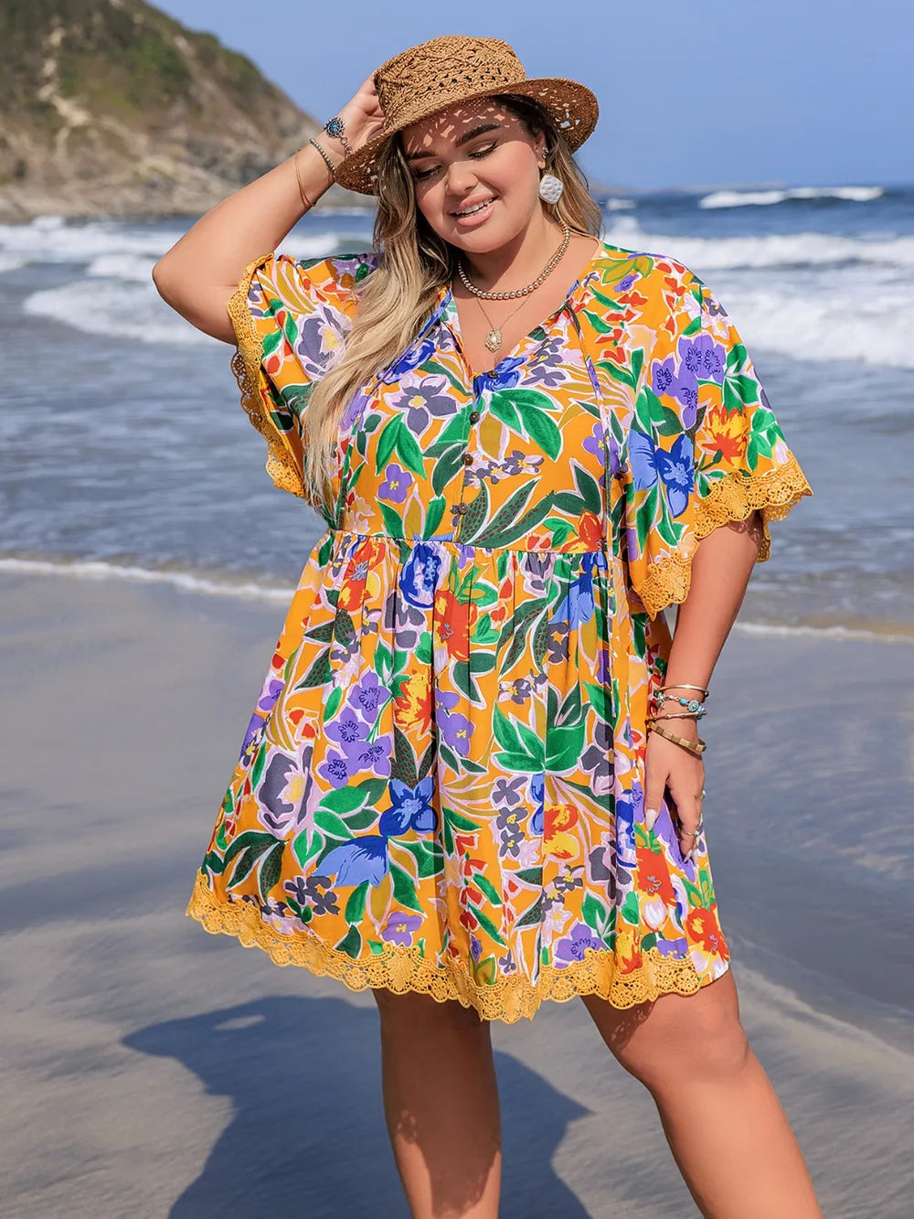 Plus Size Lace Detail Printed Tie Neck Half Sleeve Dress - LoveNest Treasures