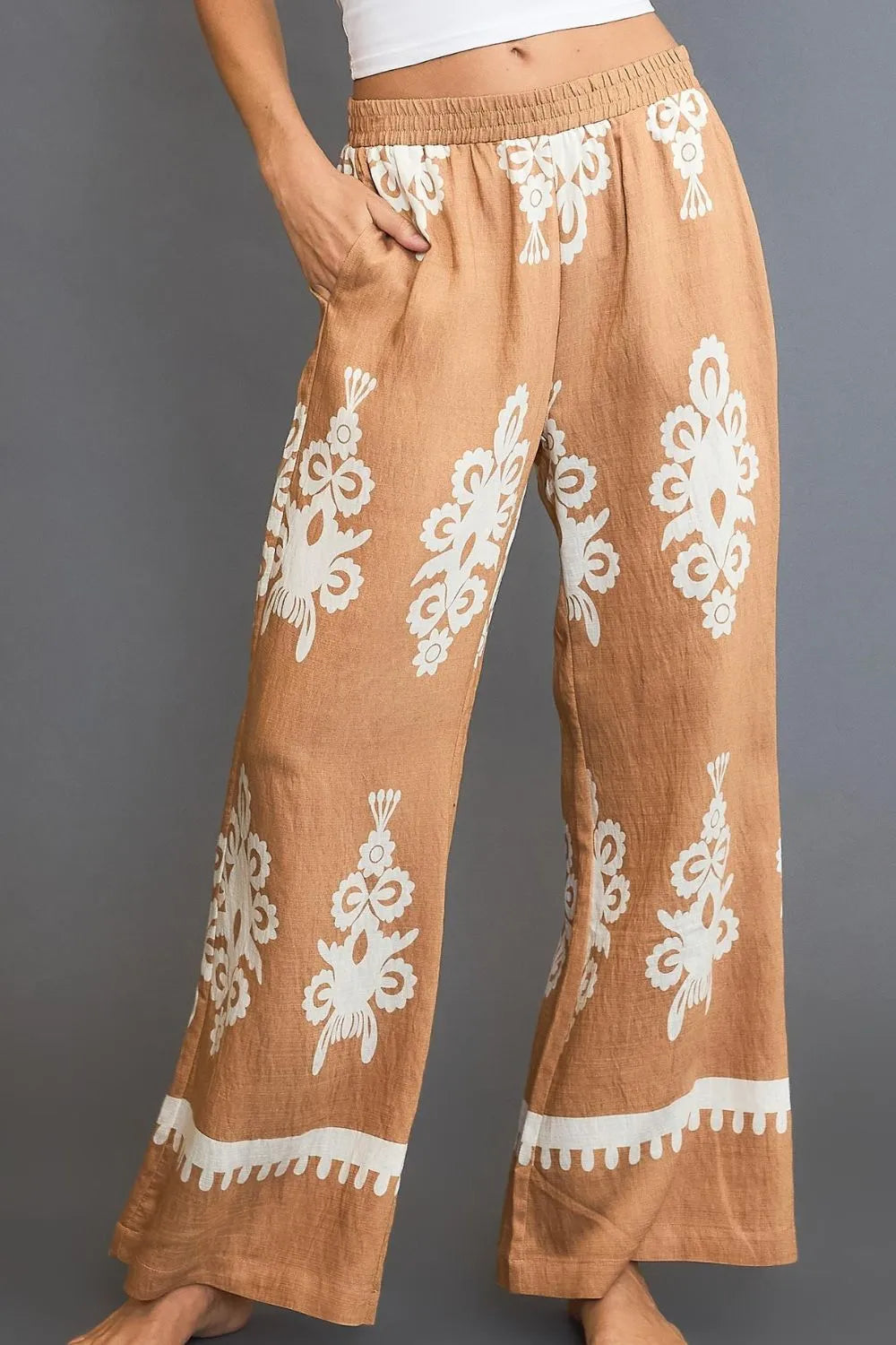 Umgee Full Size Border Print Wide Leg Pants Plus Size - LoveNest Treasures