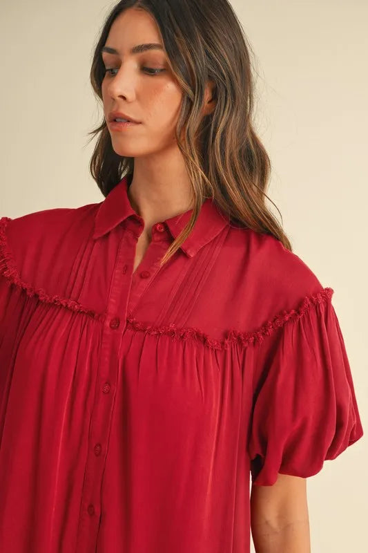 Annie Wear Mineral Washed Button Down Puff Sleeve Shirt Dress - LoveNest Treasures