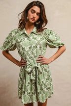 BiBi Tied Floral Short Sleeve Mini Shirt Dress - LoveNest Treasures