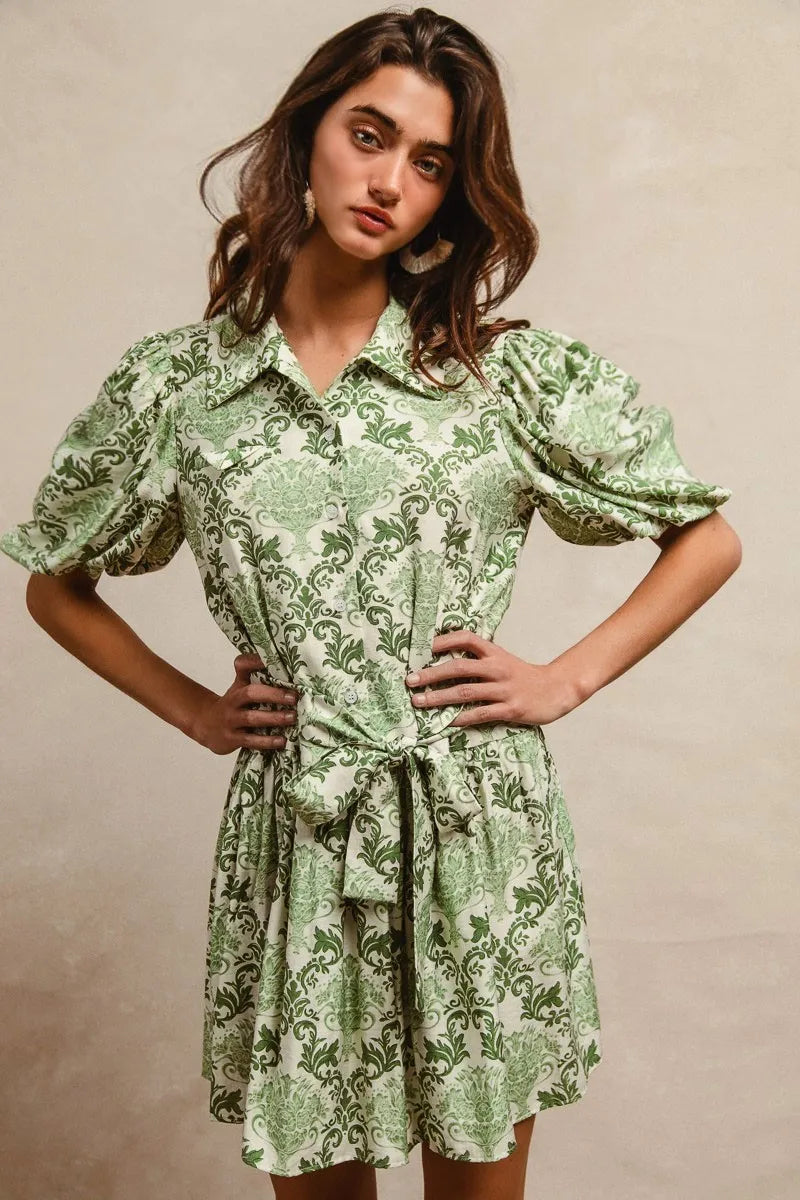 BiBi Tied Floral Short Sleeve Mini Shirt Dress - LoveNest Treasures