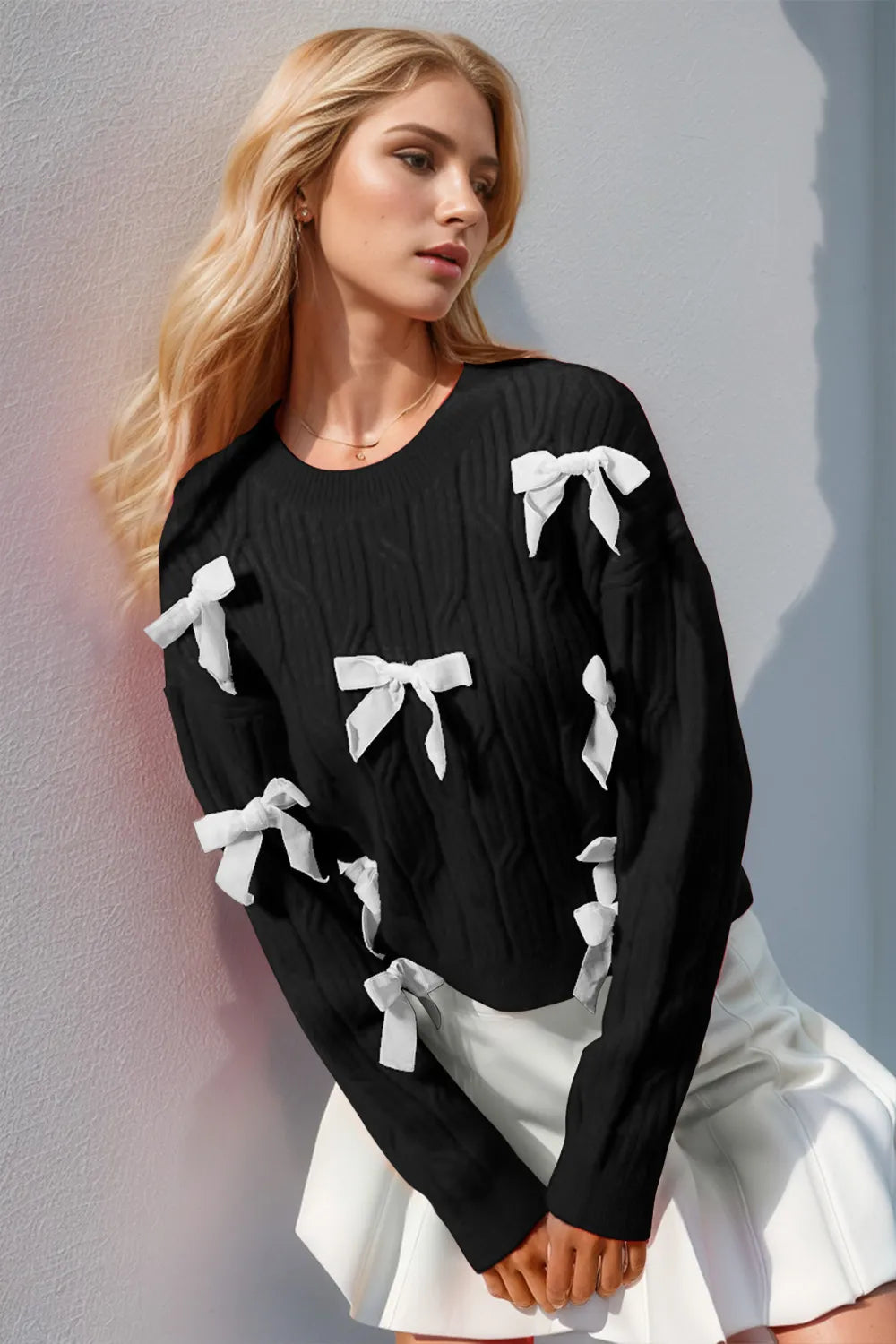 Double Take Full Size Bow Cable-Knit Round Neck Sweater - LoveNest Treasures