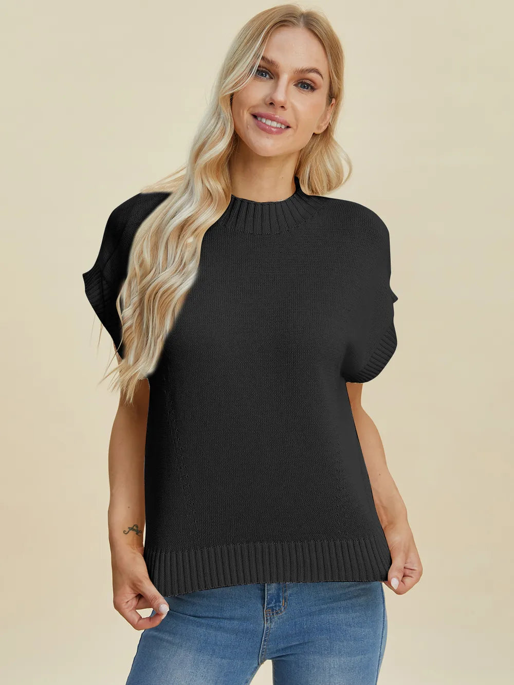 Double Take Full Size Mock Neck Short Sleeve Sweater - LoveNest Treasures