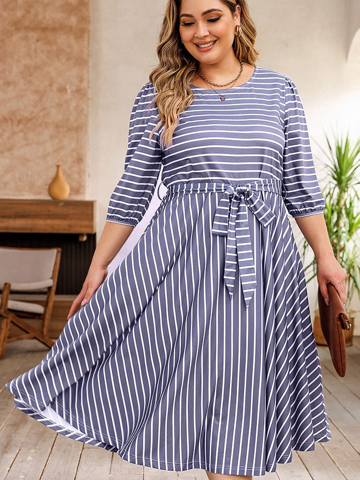 Plus Size Round Neck Striped Tie Waist Dress - LoveNest Treasures